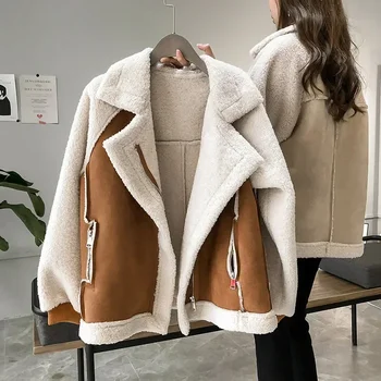Осенне-зимние женские пальто 2023, Новая Повседневная Свободная верхняя одежда в стиле пэчворк, Корейская Винтажная укороченная куртка с карманами из овечьей шерсти, женская куртка