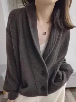 Осенне-зимний новый 100% кашемировый свитер 2023 года, женское модное пальто с V-образным вырезом, утолщенный шерстяной вязаный кардиган