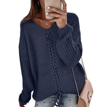 Осенне-зимний свитер с V-образным вырезом 2021 года, женский повседневный свитер свободной строчки, модный женский кружевной вязаный свитер