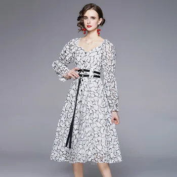Осеннее кружевное платье с вышивкой 2021, женское платье с V-образным вырезом и рукавом-фонариком, однобортное платье с поясом, Элегантное платье Миди для вечеринок