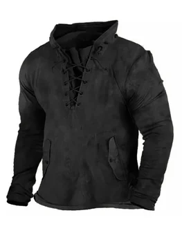 Осень и зима 2023, мужская винтажная повседневная хлопковая одежда с капюшоном и карманом на шнурке, однотонная уличная одежда в стиле ретро Y2K с капюшоном для мужчин