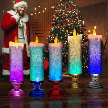 Светодиодные Рождественские свечи, Меняющие цвет, Светодиодная водяная свеча С блестками, Беспламенные светодиодные подсвечники для стола