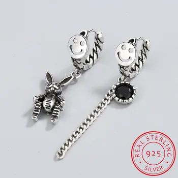Серьги-кольца из стерлингового серебра 925 пробы с улыбающимся лицом, асимметричная цепочка с цирконием в виде кролика, кисточка, ювелирные украшения для ушей для женщин, S-E1061
