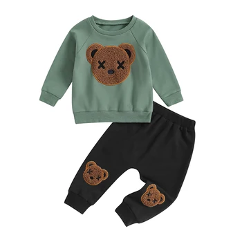 Спортивный костюм для маленьких мальчиков, пуловер с длинными рукавами и рисунком мультяшного Медведя, толстовка, топы и брюки, комплект