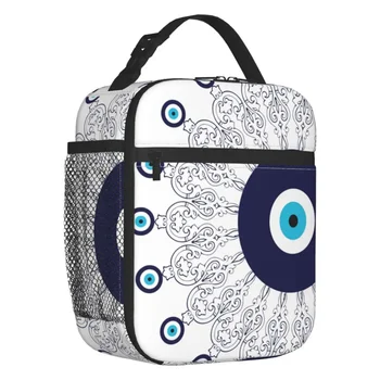 Темно-синяя Средиземноморская мандала с рисунком сглаза, изолированная сумка для ланча в богемном стиле Бохо, Сменный кулер, термальная коробка для бенто