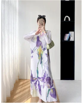 ХИТ ПРОДАЖ, Универсальное длинное Платье Трапециевидной Формы с v-образным вырезом и принтом Miyake fold, имитирующее джинсы С длинным рукавом