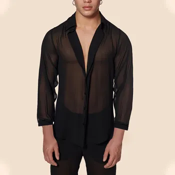 Черная тонкая рубашка Мужская рубашка Дышащий повседневный топ Одежда для ночных выступлений Мужская одежда на пуговицах