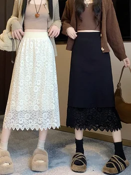Элегантная кружевная трикотажная юбка миди во французском стиле, осень-зима 2023, юбка трапециевидной формы с высокой талией, двусторонний дизайн