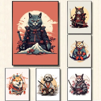 Японское фэнтезийное животное, кошка, собака-самурай, плакат с воином и принты, печать на холсте, ретро настенная художественная картина для гостиной, домашний декор